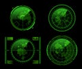 Collection realistic neon green radar screen vector illustration monitoring interface with map pin