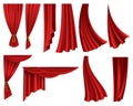 Collection of realistic red curtains. Theater fabric silk decoration for movie cinema or opera hall. Curtains and Royalty Free Stock Photo