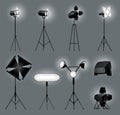 Collection of realistic spotlights with gray background for show contest or interview vector illustration. Photography