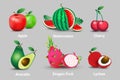 A Collection Of Realistic Vector Fresh Fruits Juicy. Apples, Watermelons, Cherries, Avocados, Fruit, Dragons And Lychees.