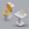 Collection with realistic wash basin and ceramic toilet bowl on gray background