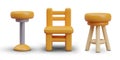 Collection of realistic yellow furniture. Barstool, wooden chair, high round stool