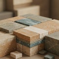 A collection of rectangular stone tiles in various earth tones, including beige, terracotta, and muted green. Royalty Free Stock Photo
