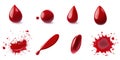 Collection of 8 red blood droplets scattered on gray background. Red drops vary in size, position, creating random, dynamic