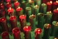 Collection of red candles arranged on a table surface, Patterns of green and red candles representing bullish and bearish market Royalty Free Stock Photo