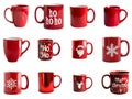 Collection of Red Christmas Mugs with Various Designs Royalty Free Stock Photo