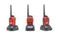 Collection of the Red communication radio with charging cradle isolate on white background with clipping path. Walkie-Talkies with Royalty Free Stock Photo