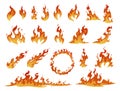 Collection of red and orange cartoon fire flame vector. Flammable fireball, circle, inferno light Royalty Free Stock Photo