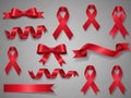 Collection of red ribbons symbolizing awareness and support isolated on white background Royalty Free Stock Photo