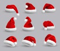 Collection of Red Santa Claus Hats isolated on gray background. Set. Vector Realistic Illustration. Royalty Free Stock Photo