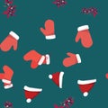 Collection of red santa gloves, Christmas hat and poinsettia seamless pattern