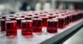 A collection of red test tubes on a lab bench Royalty Free Stock Photo