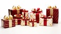 Collection of red and white gift wrapped presents with red and gold ribbon bows on white background Royalty Free Stock Photo