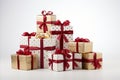 Collection of red and white gift wrapped presents with ribbon bows on white background Royalty Free Stock Photo