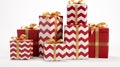 Collection of red and white gift wrapped presents with ribbon bows, isolated on white background Royalty Free Stock Photo