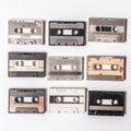 Collection of retro audio cassettes. Set of various colorful music cassettes. Isolated on white background Royalty Free Stock Photo