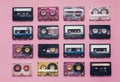 Collection Of Retro Audio Tapes In Row On Lilac Background. Retro Technology Music Concept