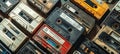 Collection of Retro cassette tapes of vibrant hues. Top view. Background. Concept of vintage music, collectible items Royalty Free Stock Photo