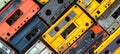 Collection of Retro cassette tapes of vivid hues. Top view. Background. Concept of vintage music, collectible items, the Royalty Free Stock Photo