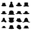 Collection of retro hats silhouette. Top hat on white. Vector illustration