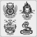 Collection of retro motorcycle labels, badges and design elements. Motor and biker club emblems with wild animals. Royalty Free Stock Photo