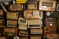 Collection of retro radio and telephone receivers circa 1950. Listening to music. Vintage instagram old style filtered