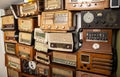 Collection of retro radio and telephone receivers circa 1950. Listening to music. Vintage instagram old style filtered