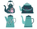Collection of retro teal color kettles on white background