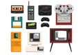 Collection of retro technique, audio music cassette, reel recorder, portable radio, pager, TV, tetris, diskette