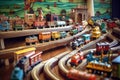 collection of retro toy trains on wooden tracks