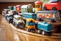 collection of retro toy trains on wooden tracks