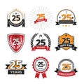 Collection of retro twenty five anniversary logo. Set of Isolated vintage icons of 25 th years celebrating vector illustration Royalty Free Stock Photo