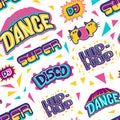 Collection retro words in trendy music party disco 80s-90s lettering hand-drawn cartoon style. Vector