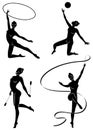 Collection. Rhythmic gymnastics. Silhouette of a girl with maces, ball, ribbon, hoop. Beautiful gymnast. The woman is