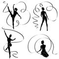 Collection. Rhythmic gymnastics. Silhouette of a girl with a ribbon. Beautiful gymnast. The woman is slim and young