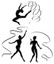 Collection. Rhythmic gymnastics. Silhouette of a girl with a ribbon. Beautiful gymnast. The woman is slim and young