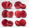 Collection ripe fresh cherry on transparent background. 3D realistic berries close up. Juicy cherry. Nature product