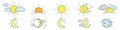 Collection of rising or setting sun, moon phases, clouds and stars icons. Bundle of day and night time pictograms drawn.