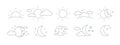 Collection of rising or setting sun, moon phases, clouds and stars symbols. Bundle of day and night time pictograms Royalty Free Stock Photo