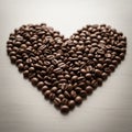 A collection of roasted coffee beans is arranged in a heart shape on a smooth, light- Royalty Free Stock Photo