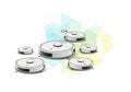 A collection of robot vacuum cleaners is displayed against a Royalty Free Stock Photo