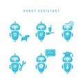 A collection of robotic assistants with various tools and outfits. Four colored robots.