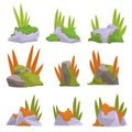 Collection of Rock Stones with Moss and Grass, Natural Landscape Design Elements Vector Illustration