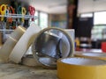 A collection of rolls of scotch tapes sellotape on a table