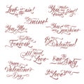 Collection of romantic brush lettering phrases saing Be my Valentine, I love you, All you need is love and other.