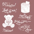 Collection of romantic brush lettering phrases with teddy bear and Valentine cake sketch.