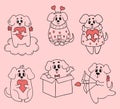 Collection romantic dogs. Cute pets with hearts. Vector illustration in doodle style. Isolated linear hand drawn puppies in love