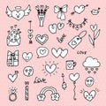 Collection of romantic objects and symbols. Love, wedding, date, Valentine. Hand drawn, doodle, sketch style line