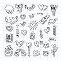 Collection of romantic objects and symbols. Stickers. Love, wedding, date, Valentine. Hand drawn, doodle, sketch style line