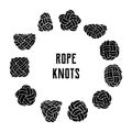 Collection of rope knots. Isolated objects.